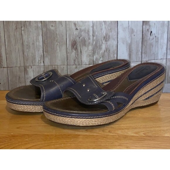 Women's Clarks Artisan Blue Leather Rope Wedge Sandal Slides Slip On Size 7M - Picture 1 of 12
